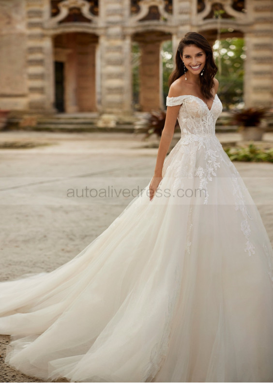 Off Shoulder Beaded Ivory Lace Tulle Sparkling Wedding Dress